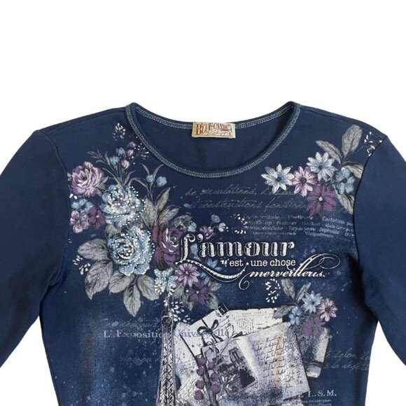 blue canyon y2k paris theme graphic 3/4 sleeve top size small - Picture 4 of 8